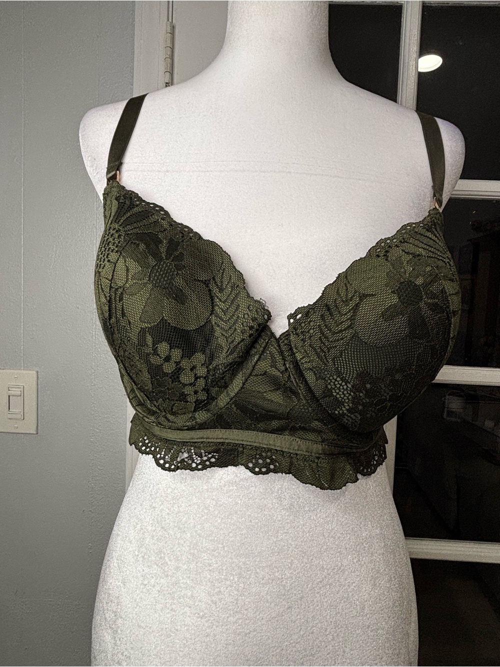 aerie Olive Green Floral Lace Longline Bra
